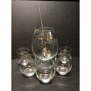 Vtg Set of Cocktail Mixer & Matching Glasses MCM Bar Ware Set Metal Spoon